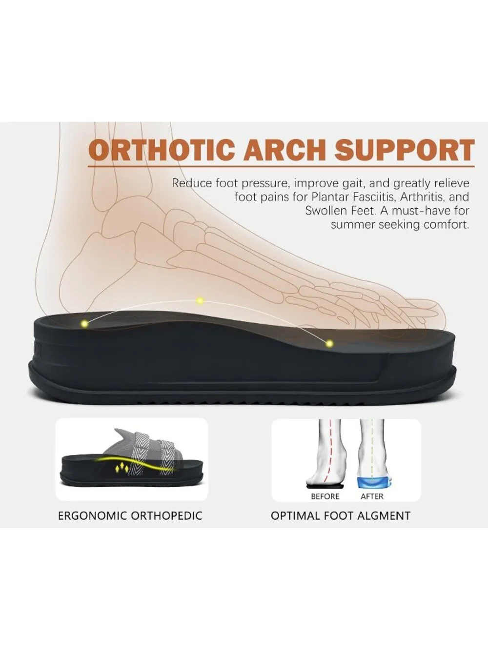 Men's Black Orthotic Arch Support Fabric Ultra Soft Comfort Fit Slipper Shoes